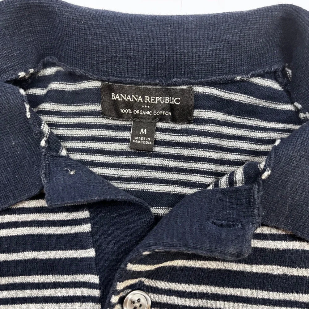 Banana Republic Mens Organic Cotton Knit Polo Shirt Navy Blue Grey‎ Striped M